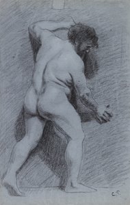Studio di un nudo maschile in posa contro un muro, visto di profilo, rivolto a destra
